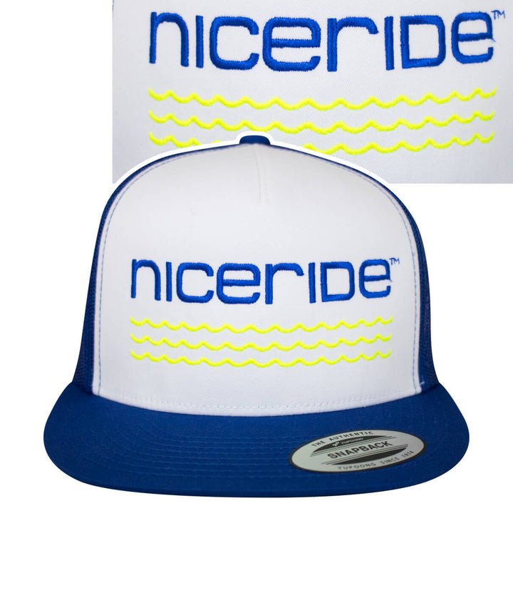 On The Water - Center Royal Blue Trucker Hat with NICERIDE logo, a stylish hat for outdoor enthusiasts.