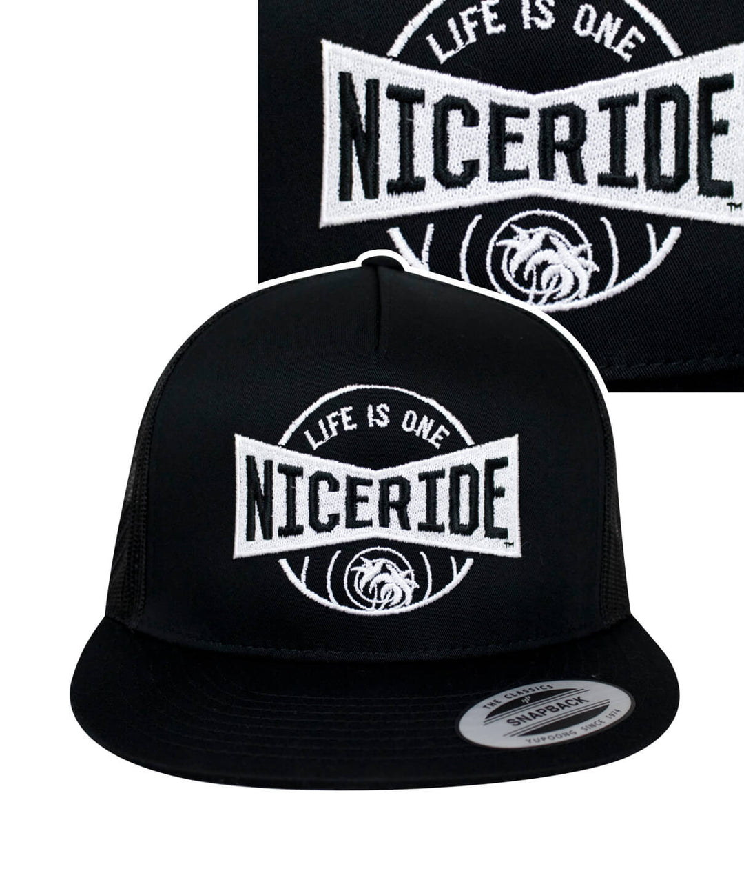 Black Trucker Hat featuring NICERIDE logo and embroidered design, perfect for stylish outdoor wear.