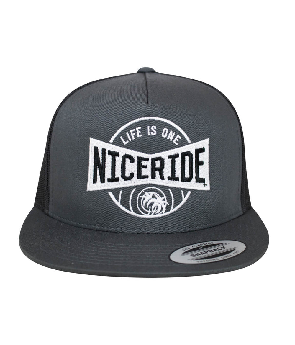 Bow Tie Charcoal Trucker Hat by NICERIDE, featuring logo, classic snapback design, perfect hat for casual wear.
