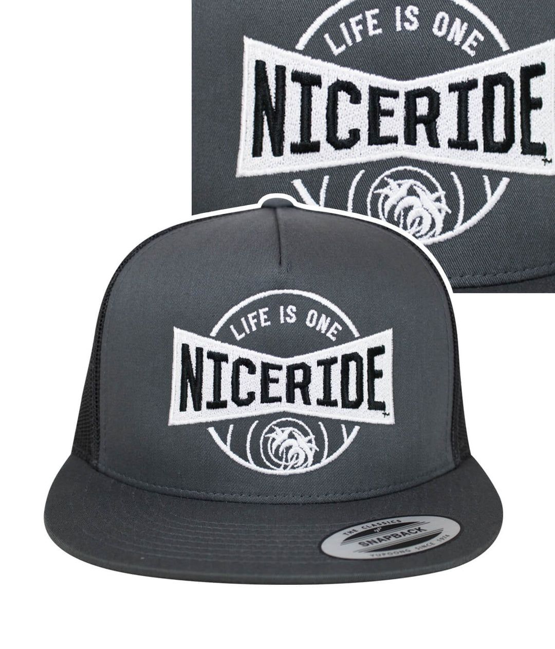 Charcoal Trucker Hat featuring NICERIDE's logo, a stylish hat perfect for casual wear.