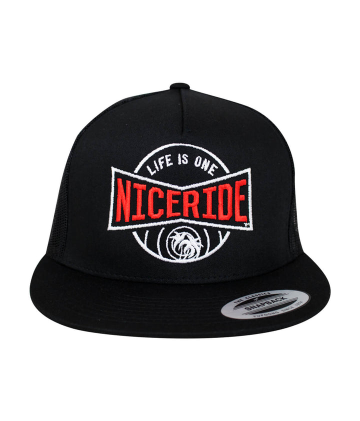 Black NICERIDE trucker hat with embroidered logo featuring the slogan "LIFE IS ONE" on the front panel.
