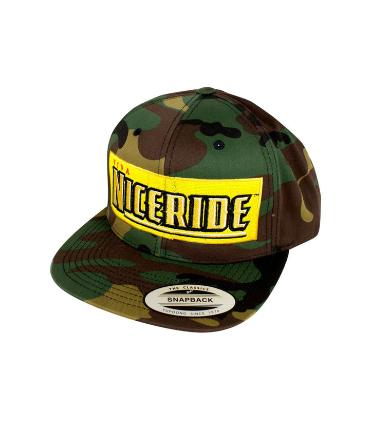 Viva Life snapback hat with NICERIDE logo in yellow on camouflage print, an essential hat for outdoor style.