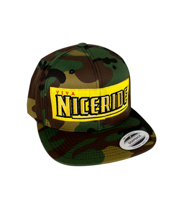 Viva Life snapback hat with NICERIDE design in camo pattern, featuring embroidered details.