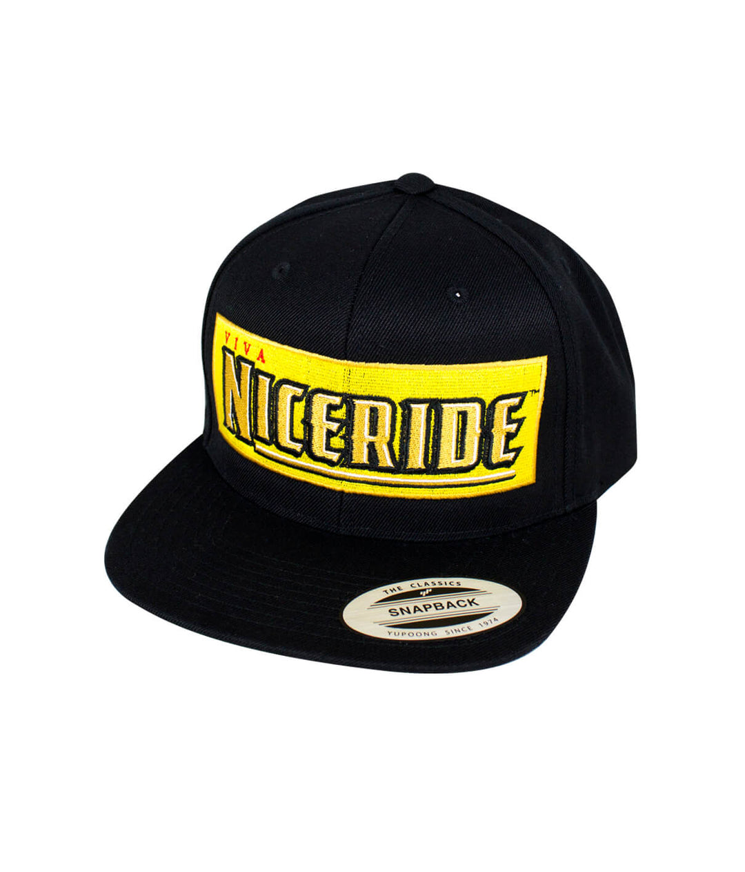 Viva Life snapback hat featuring NICERIDE logo in yellow and black, perfect for stylish headwear.