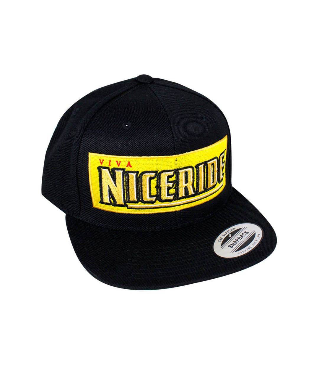 Viva Life snapback hat featuring NICERIDE embroidered design in black and yellow colors.