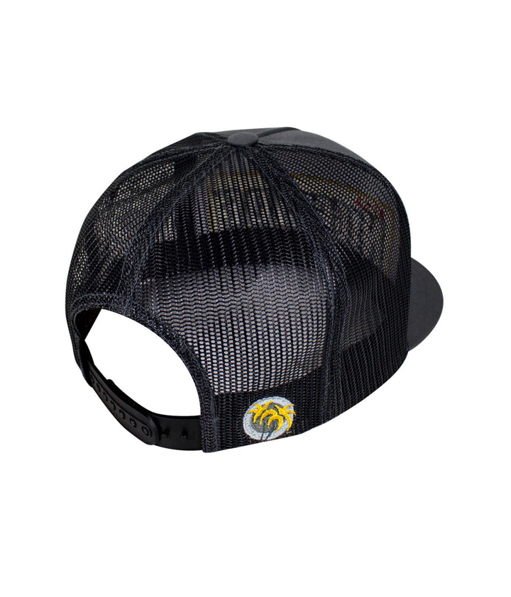 Back view of a black mesh snapback trucker hat with embroidered palm logo and adjustable strap.
