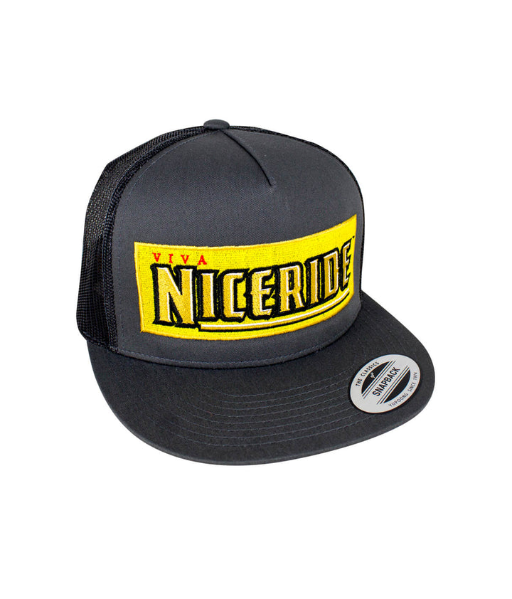 Viva Life trucker hat featuring NICERIDE embroidered design, classic snapback style, black and yellow colors, hat