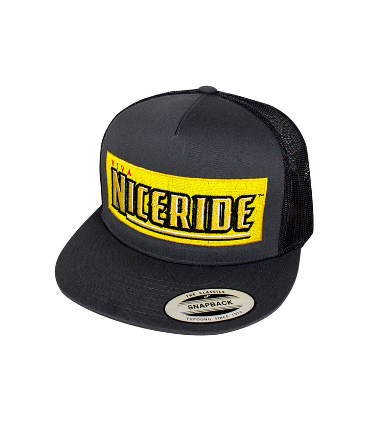 Viva Life Trucker Hat featuring NICERIDE design, a classic snapback style hat with yellow and black colors.