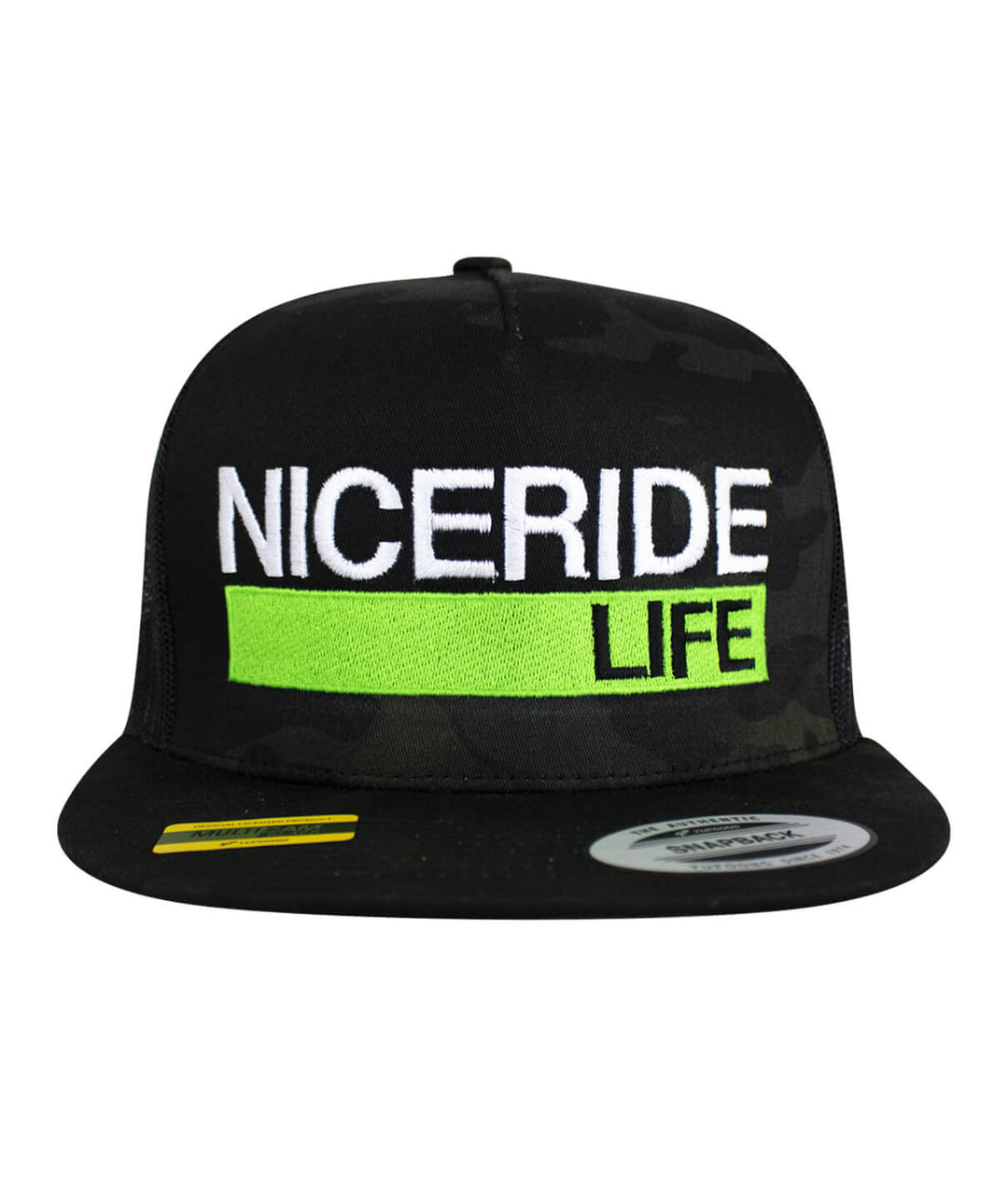 NICERIDE Life Snapback Trucker Hat, black cap with embroidered logo, perfect hat for casual wear.