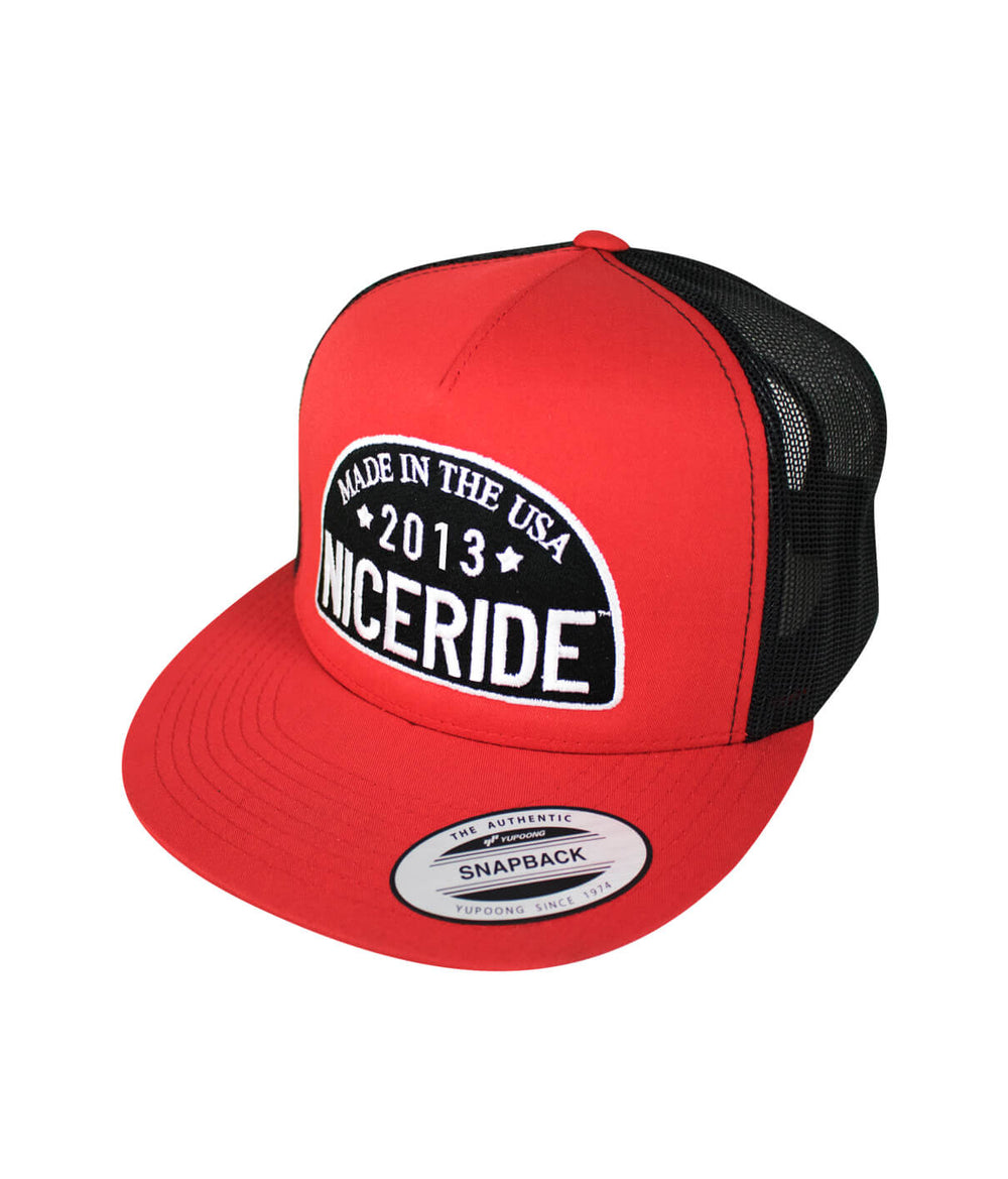Address Trucker Hat with NICERIDE logo, made in the USA, classic snapback style, perfect for casual wear. Hat.