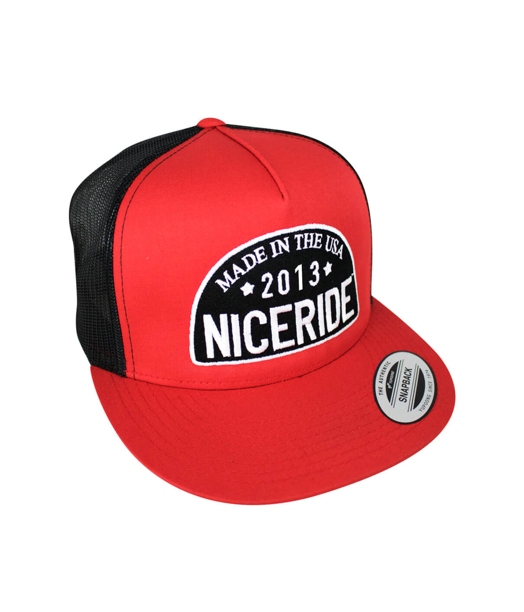 Address Trucker Hat featuring NICERIDE design, made in the USA, classic snapback hat.