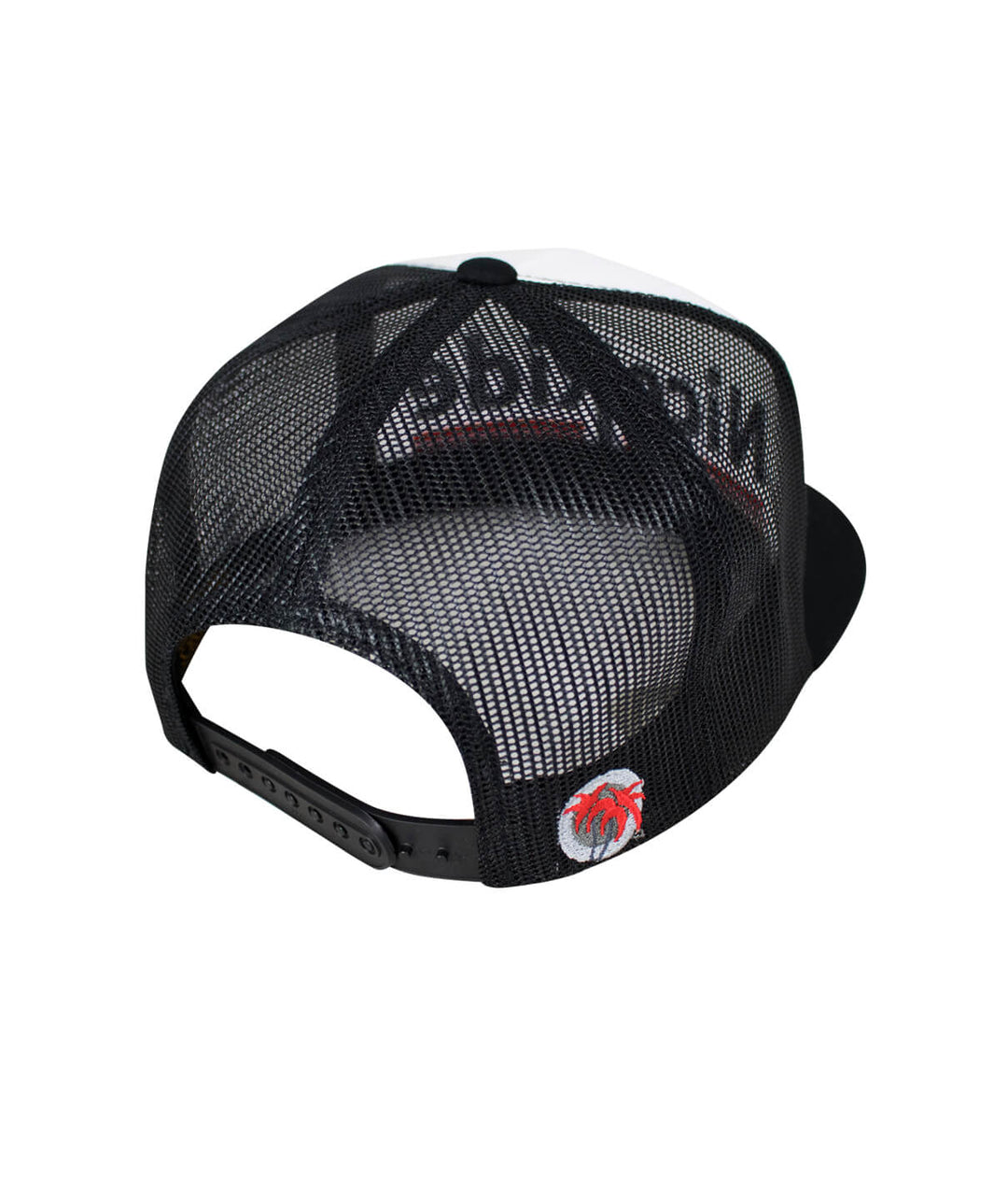 Back view of the Low Tide trucker hat showcasing its black mesh design and embroidered palm logo.