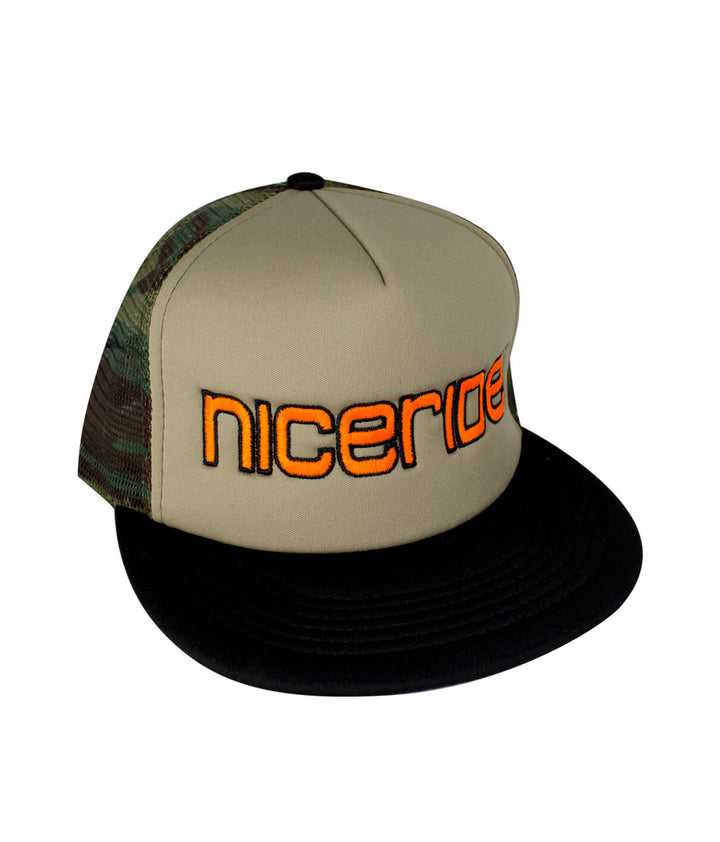 Bold Tower Camo Foam Trucker Hat with NICERIDE logo, perfect outdoor hat for casual wear.