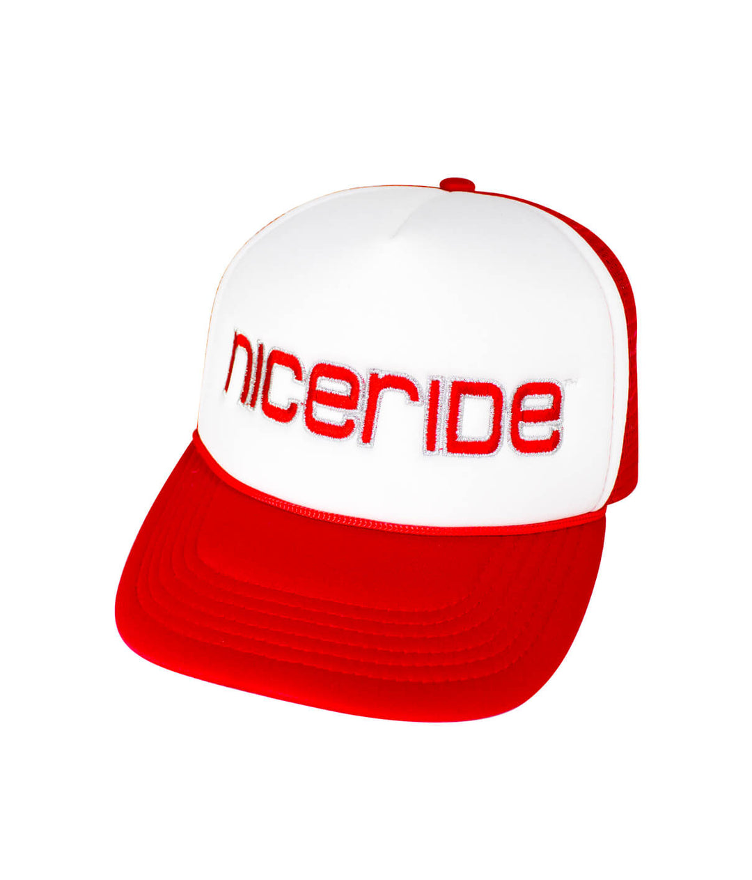 Bold Holiday Foam Trucker Hat featuring NICERIDE logo, classic baseball cap style, perfect for casual wear.