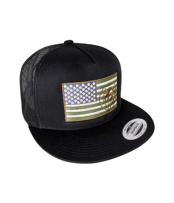 Strong Trucker Hat featuring American flag embroidered design and NICERIDE branding, classic snapback style hat.