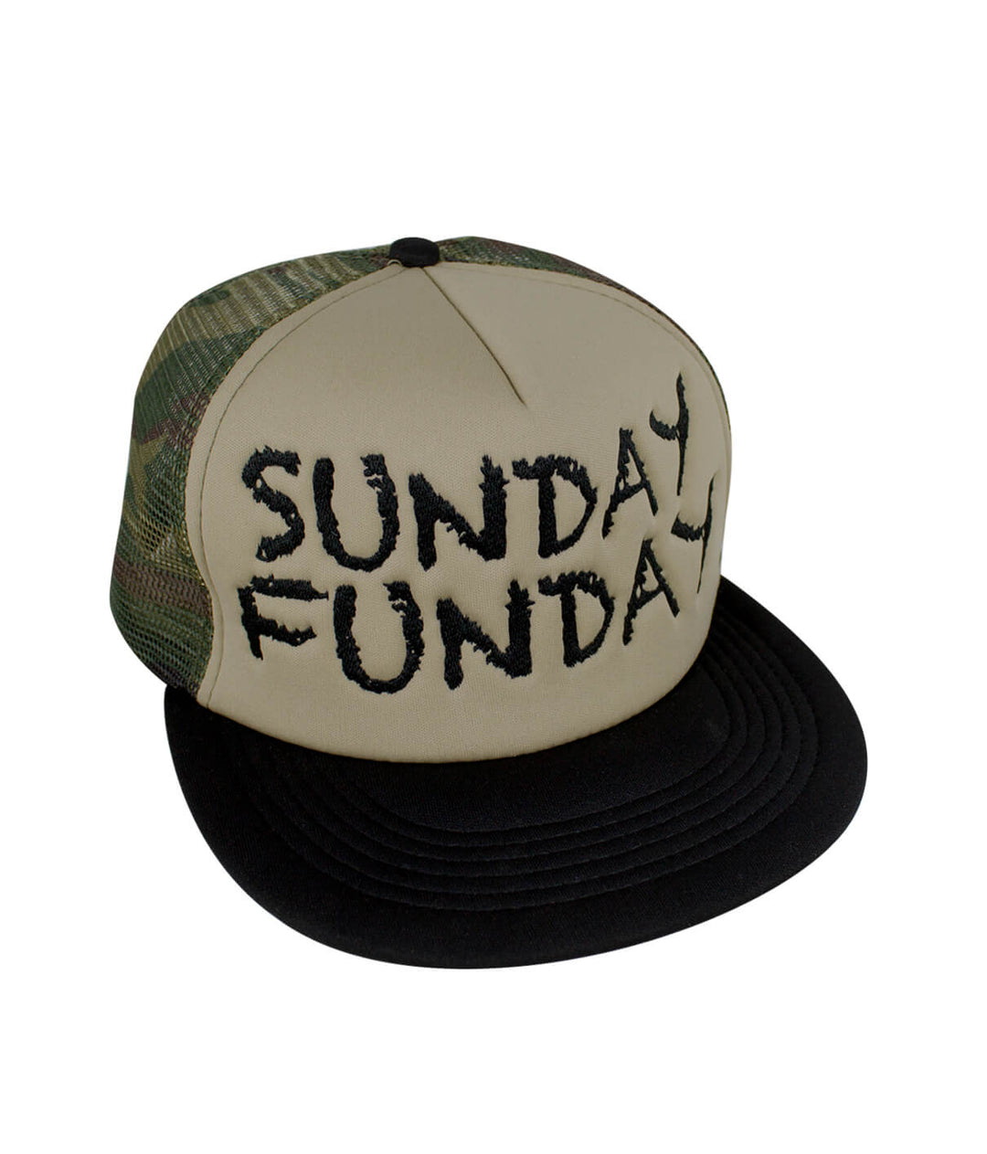 Sunday Funday Camo Foam Trucker Hat featuring embroidered text on front and brim, a stylish baseball cap.