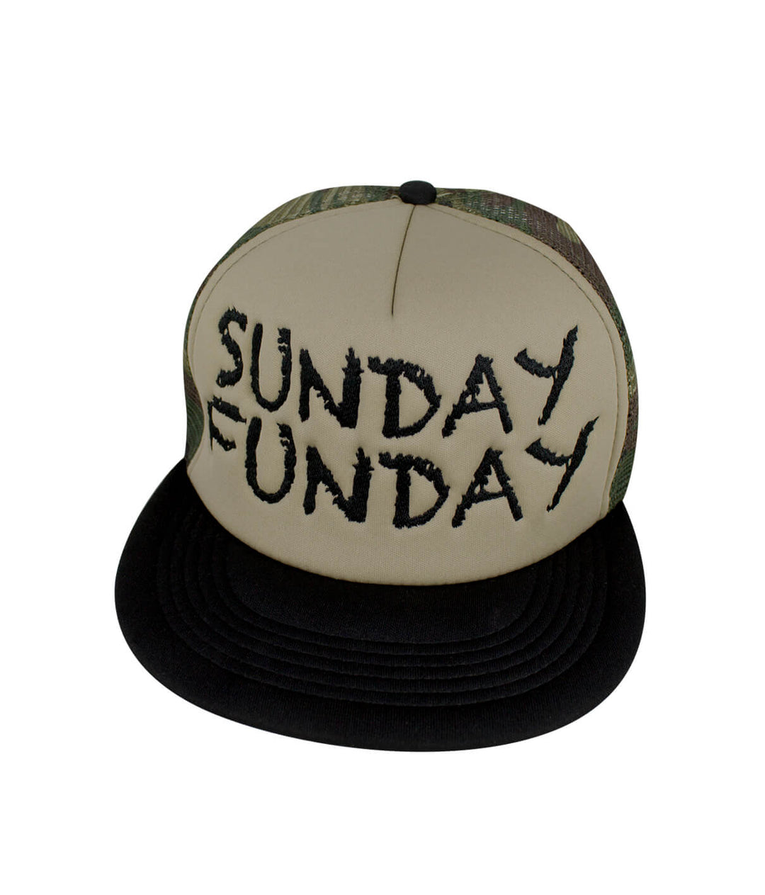 Sunday Funday Camo Foam Trucker Hat with black visor and embroidered text