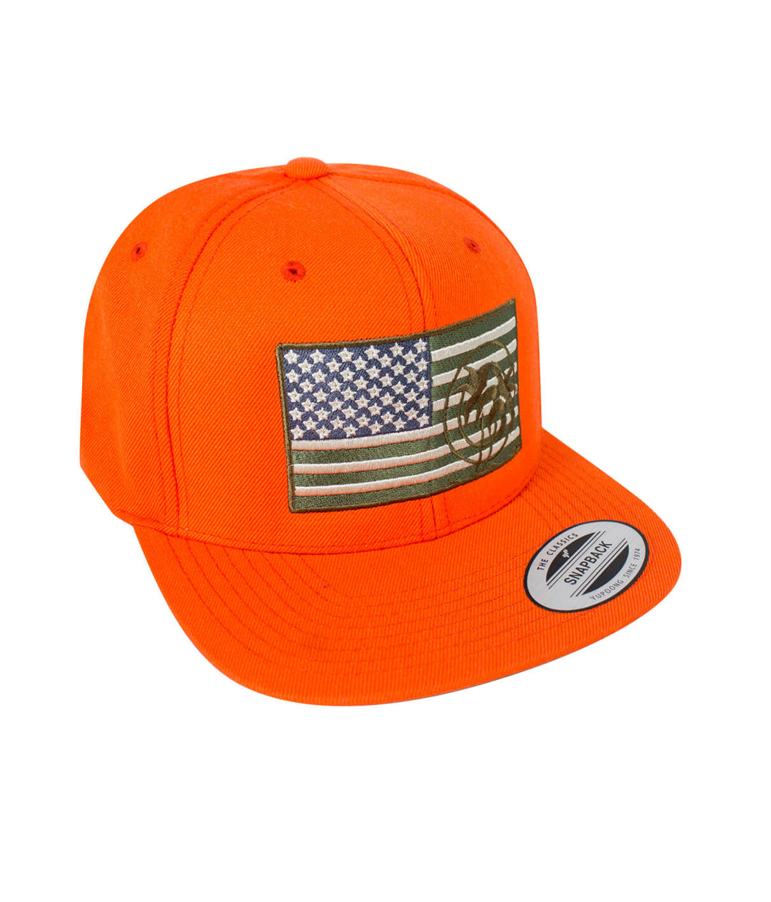 Strong Camo Orange Snapback Hat featuring American flag and NICERIDE logo in army green and brown accents.