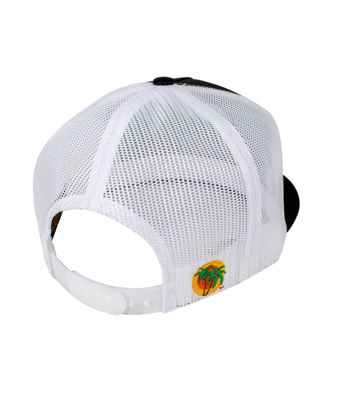 Back view of The Badge Trucker Hat showing the classic palm logo and snapback closure.