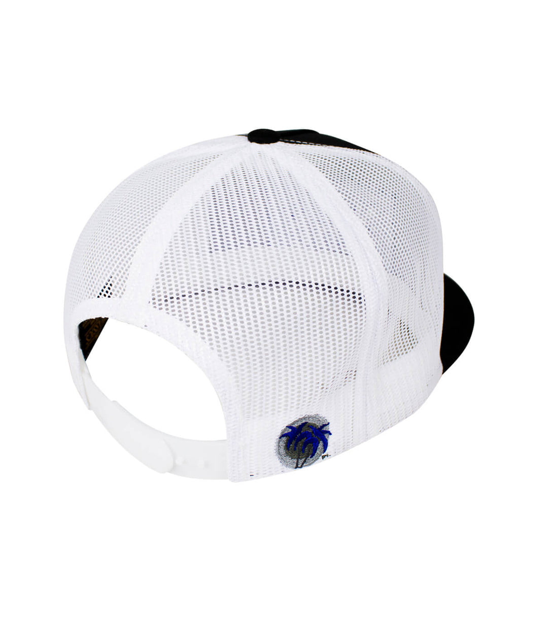 Back view of the "Shield" Trucker Hat showing black and white mesh design with palm logo.