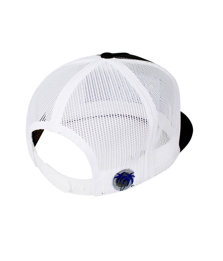 Back view of the "Shield" Trucker Hat showing black and white mesh design with palm logo.