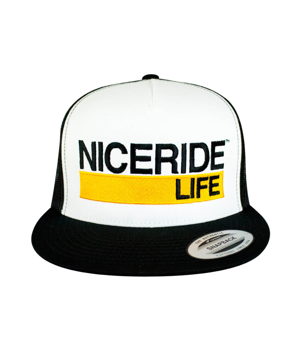 Gold Bar Trucker Hat featuring NICERIDE Life design, classic snapback hat for stylish comfort.