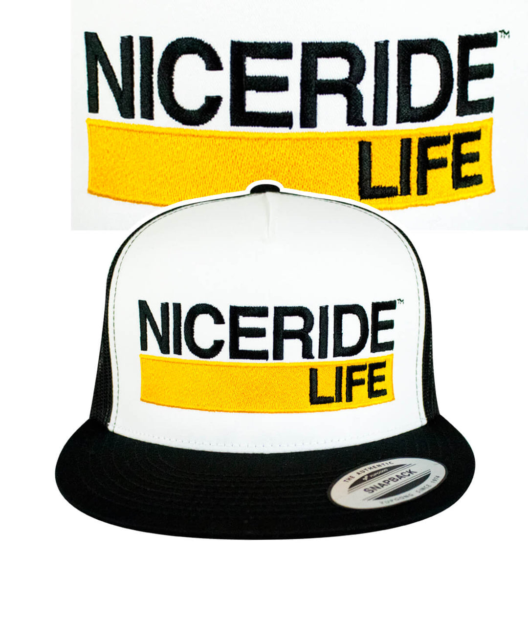Gold Bar Trucker Hat featuring NICERIDE logo and Life design, classic snapback hat made in the USA.