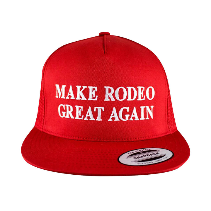 Red trucker hat featuring "Make Rodeo Great Again" embroidered on the front, perfect for rodeo fans. Hat.