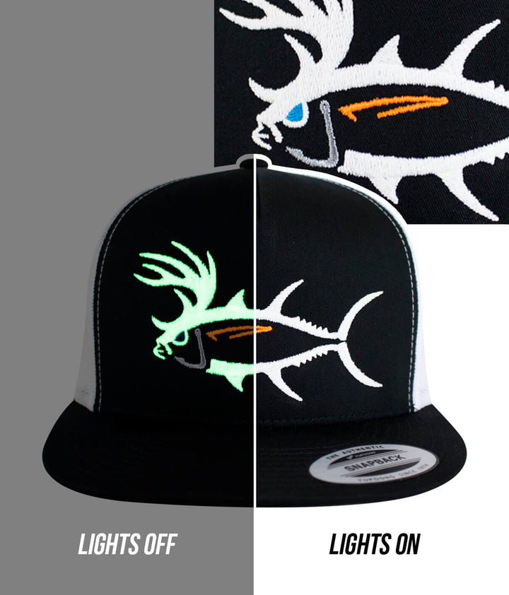 A black trucker cap with a fish logo on it.