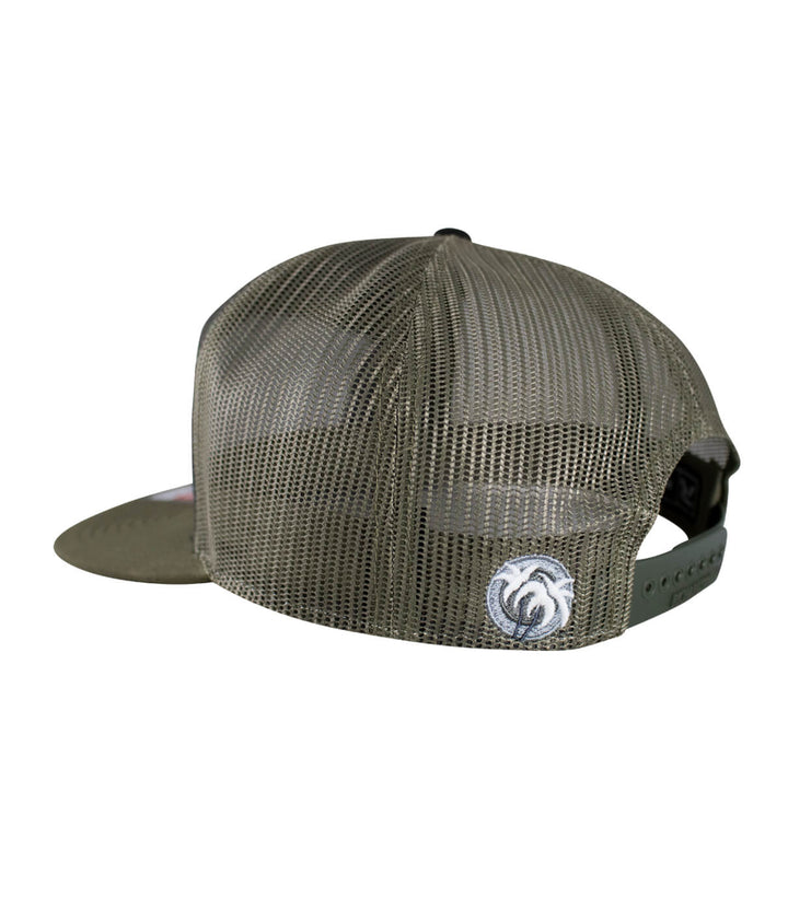 Back view of the "Grinder" 7 Panel Trucker Snapback Hat with NICERIDE logo, perfect for men and women.