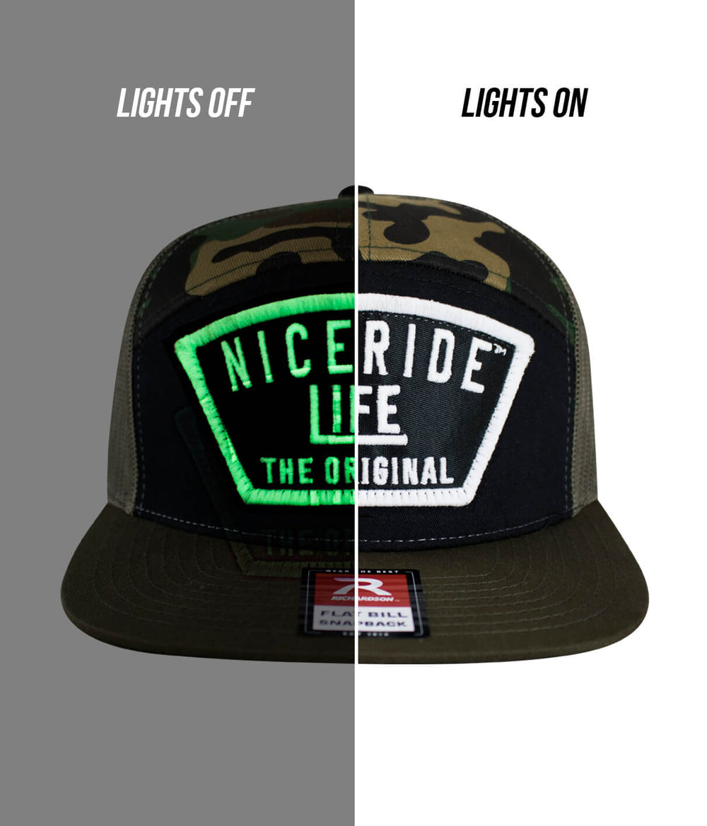 Grinder hat showing NICERIDE logo with lights off and lights on features, 7 Panel Trucker Snapback for men and women.