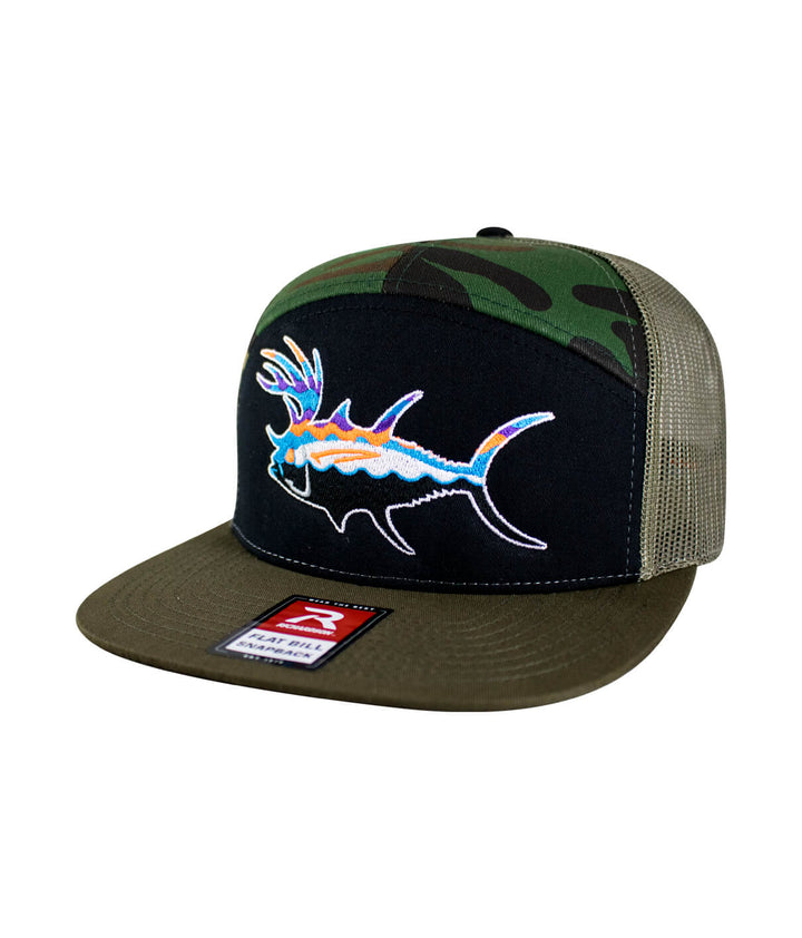 BUCK- EYE Explorer 7 Panel Trucker Hat for Men and Women with embroidered fish design
