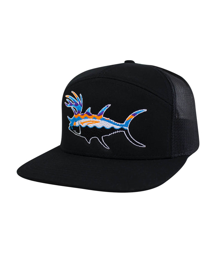 Black trucker hat with colorful fish embroidery on the front side, perfect for outdoor activities.