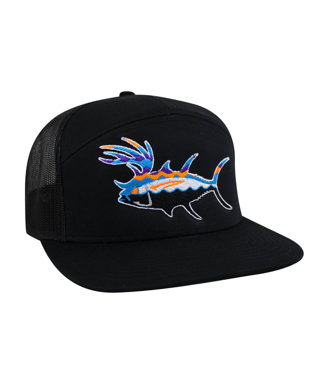 BUCK-EYE Explorer 7 Panel Trucker Hat for Men and Women featuring embroidered fish design on a black cap.