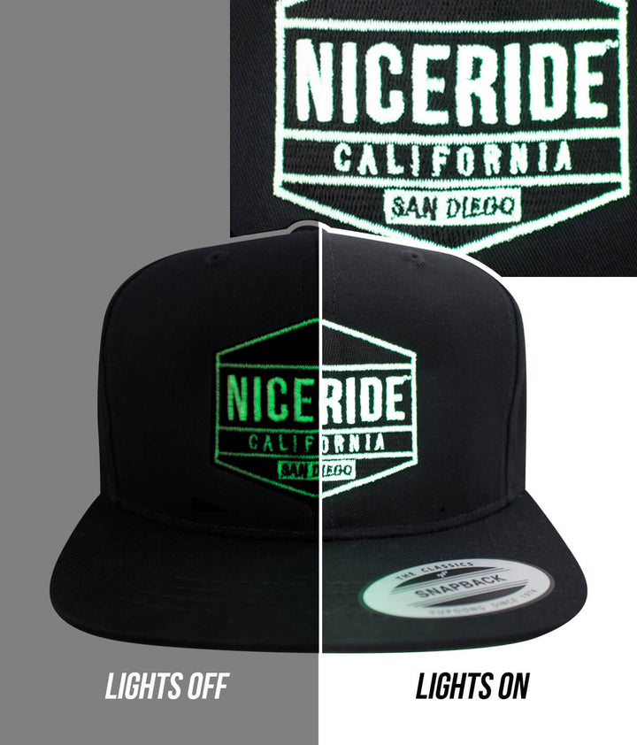 NICERIDE California snapback youth hat featuring glow-in-the-dark logo with lights off and on.