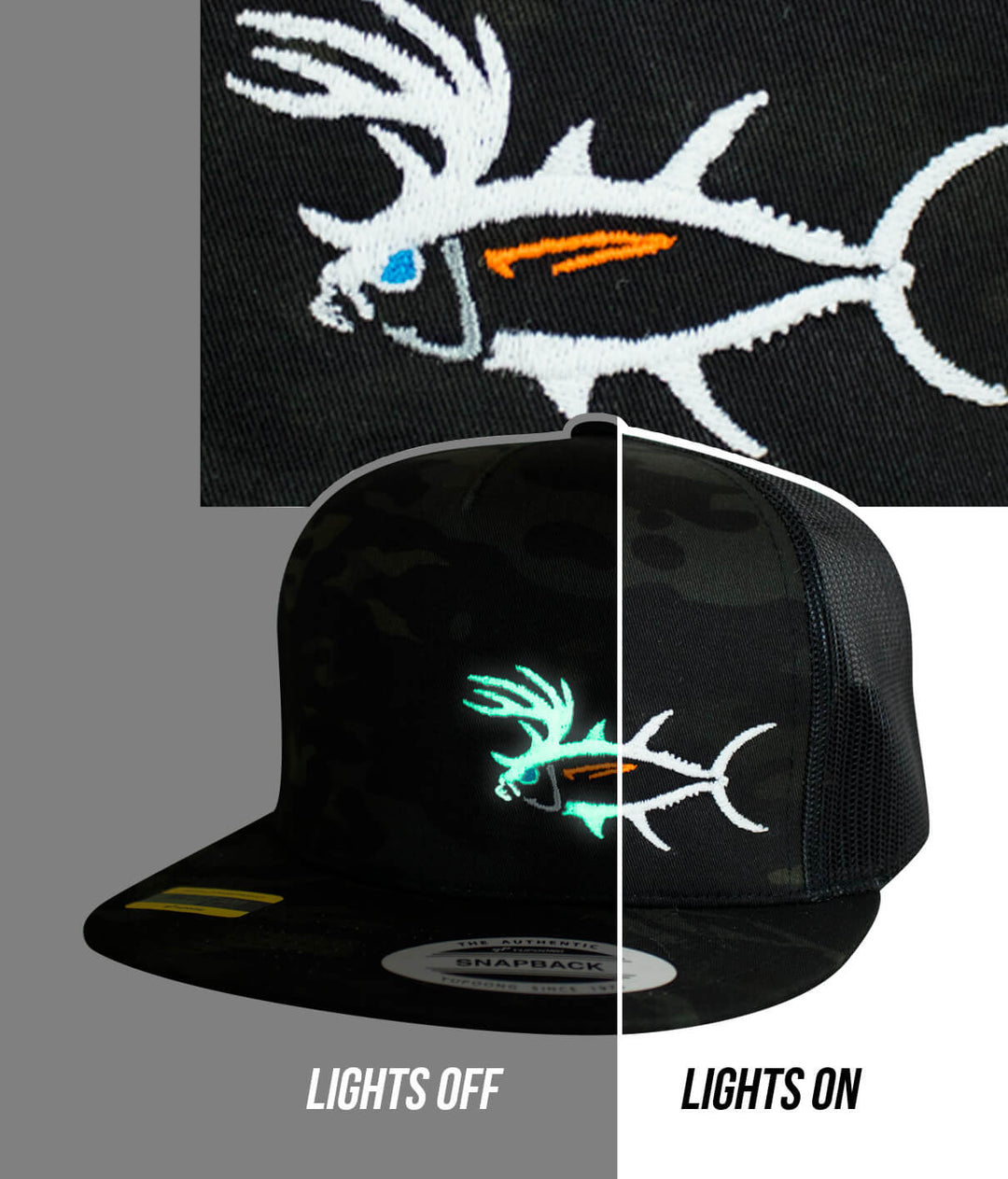 Close-up of Buck-Eye LP snapback hat showing embroidered fish design, glowing in the dark with lights on.