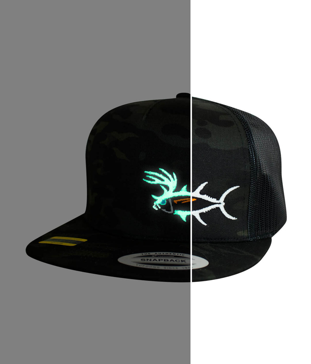 Buck-Eye LP Evening Glow Unisex Snapback Trucker Hat with glow-in-the-dark fish design on a camo background.