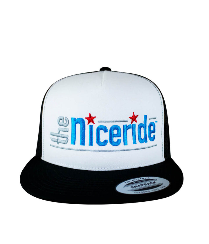 Niceride embroidered trucker hat featuring a bold white front and black brim, perfect for casual outings.