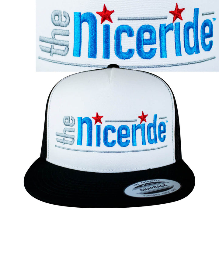 Banjo Trucker Hat, a snapback hat featuring the NICERIDE logo in blue and red, perfect for any casual outfit.