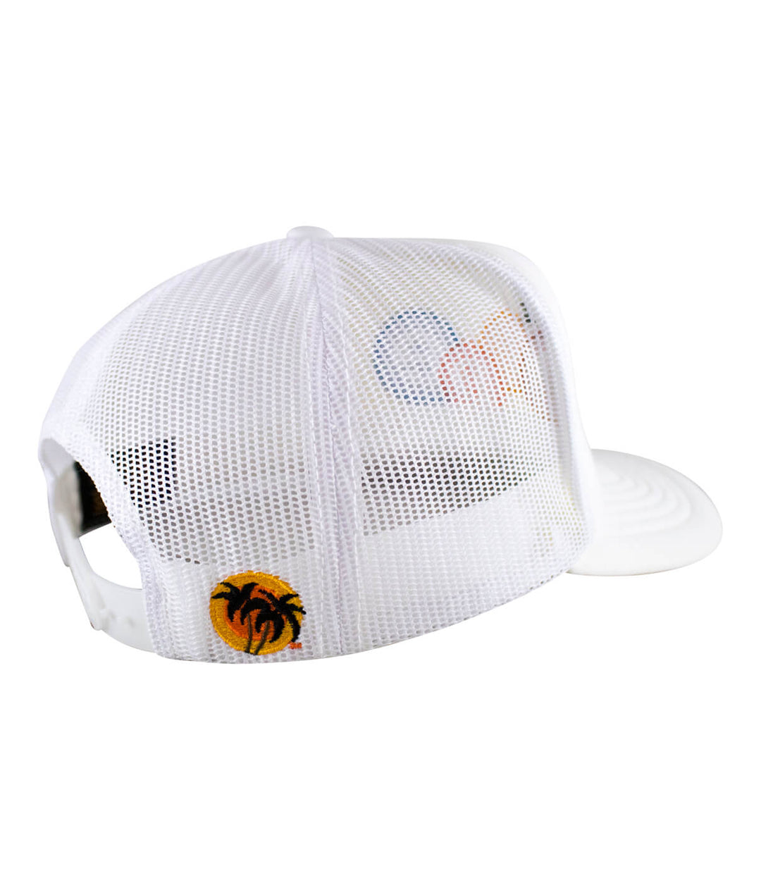 Back view of the Nikki Foam Trucker unisex baseball cap featuring a Blacked Out Classic Palm logo and a mesh design.