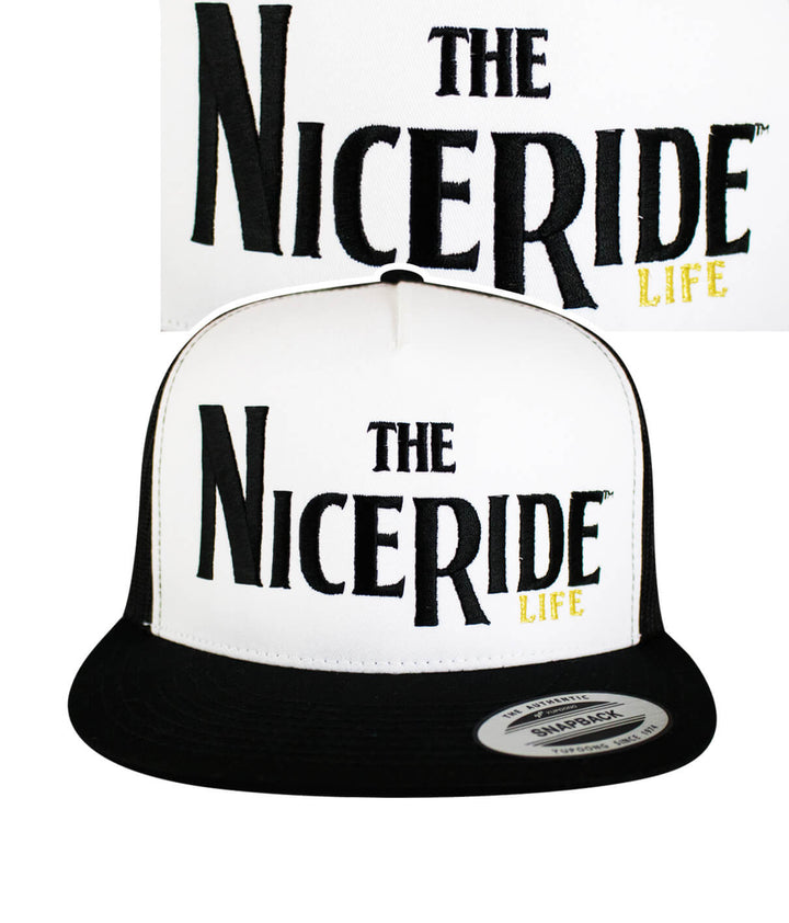 Godfather Trucker Hat featuring NICERIDE design, classic snapback style, perfect for casual outings, stylish black and white hat.