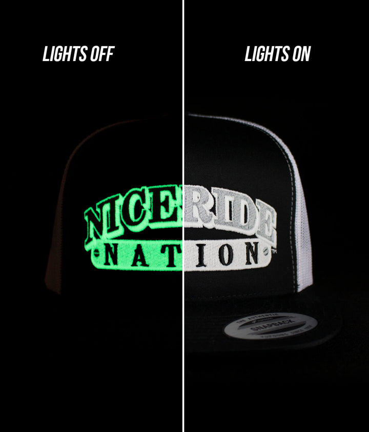 The Junction hat showing NICERIDE design with lights off and lights on effect.