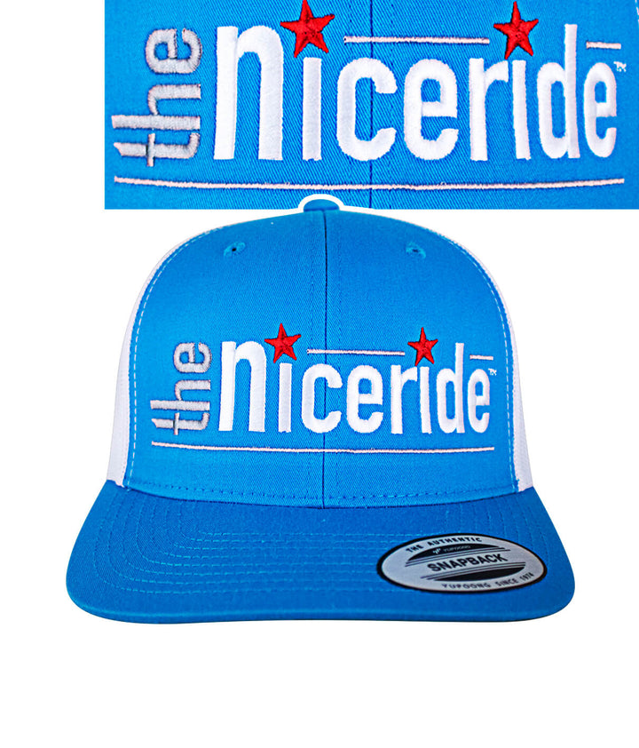 Front view of a blue snapback hat featuring NICERIDE logo and stars, perfect for casual wear.