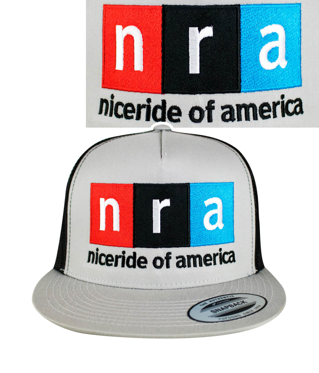 NICERIDE's nra embroidered trucker hat design with colorful text on front, showcasing unique style.