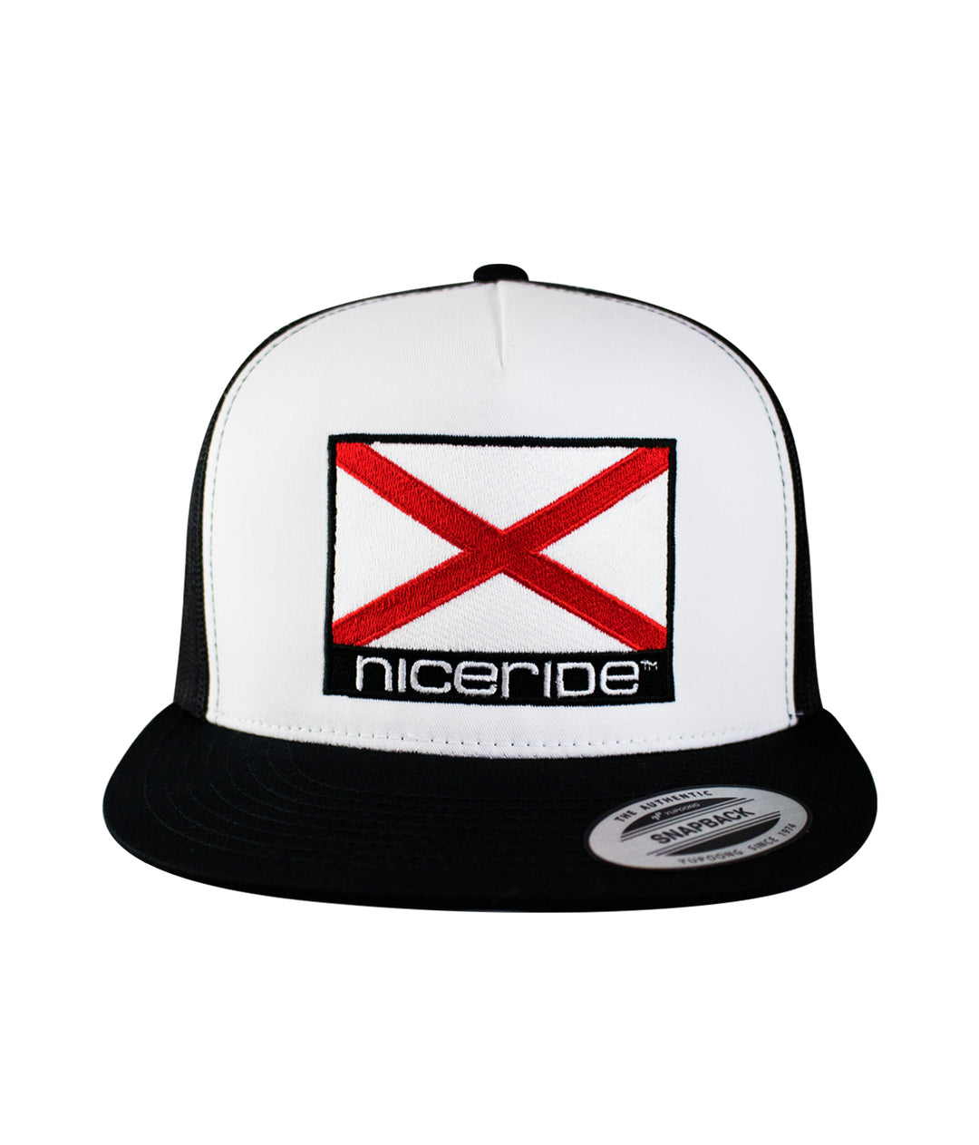 Alabama flag trucker hat featuring NICERIDE embroidery on the front panel, a stylish baseball cap.