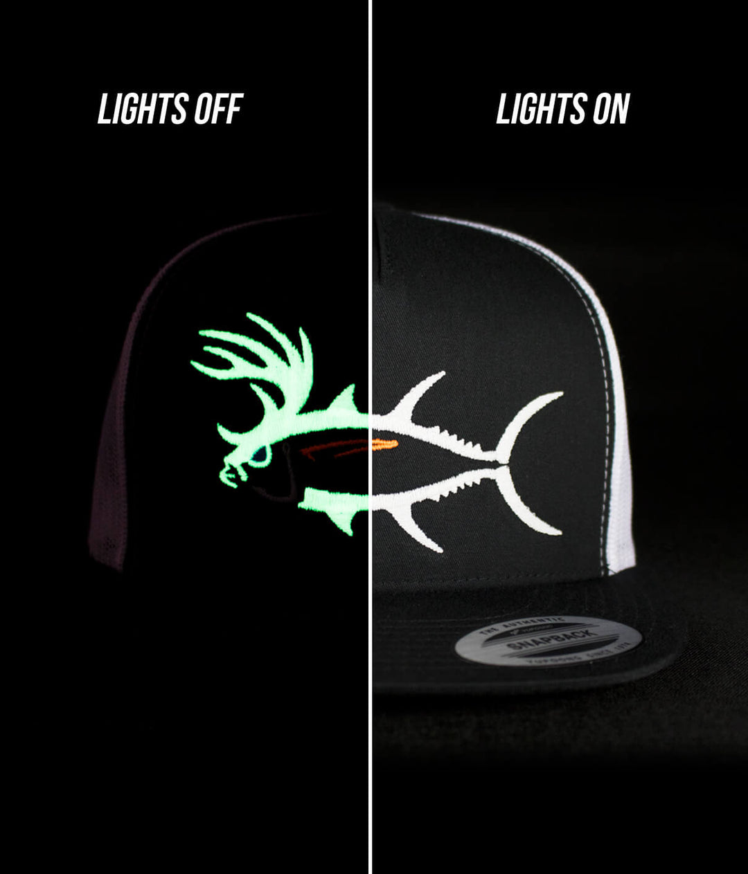 Buck-Eye unisex trucker hat design with glow effect in lights off and lights on comparison.