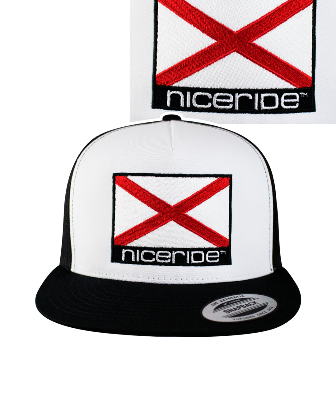 Alabama Flag Trucker Hat with NICERIDE embroidery on front panel, classic design for stylish headwear, perfect for any occasion.