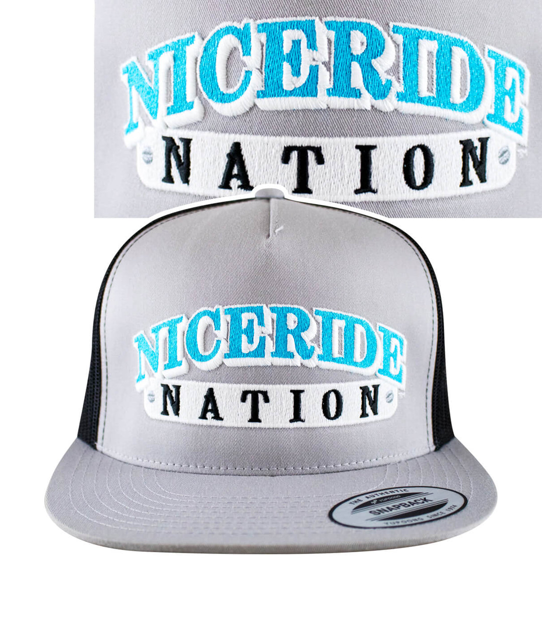 NICERIDE Nation embroidered trucker hat, featuring a gray snapback design with vibrant stitching and cap branding.