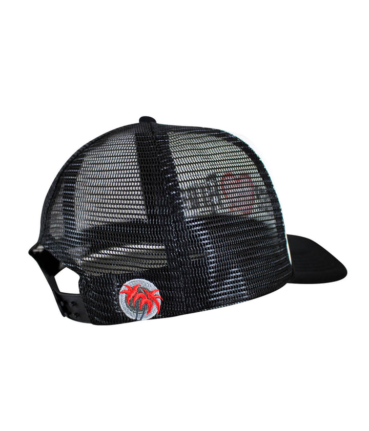 Back view of a Foam Trucker Hat featuring NICERIDE palm embroidery, perfect for casual wear.