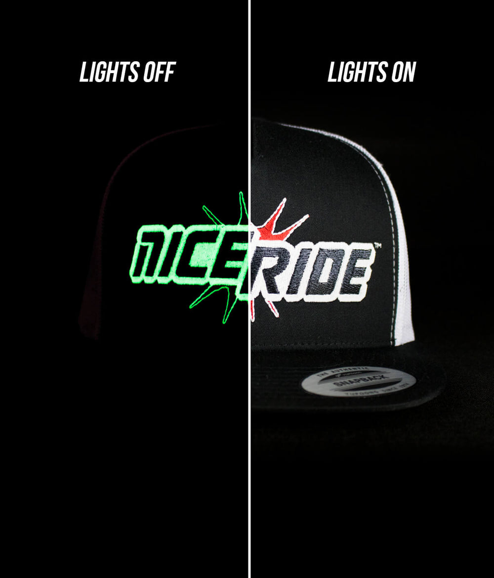 Gotcha Evening Glow Trucker Hat with NICERIDE logo, displaying embroidery with lights off and lights on.